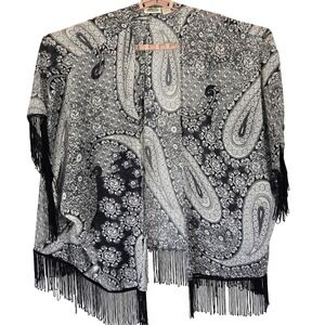 Kimono XL Topper‎ Black White Paisley Fringe Open Front Beach Cover Up Tropical
